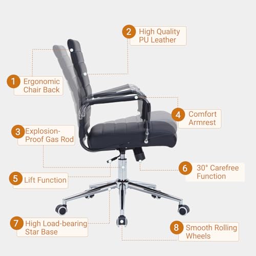 Sidanli Ergonomic Office Chair, Executive PU Leather Desk Chair with Adjustable Lumbar Support and Smooth-Rolling Wheels for Home Office Conference Room, Mid Back, Black