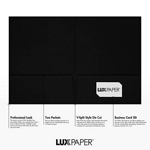 LUXPaper 9" x 12" Presentation Folders | Two Pocket | Front Cover Card Slits (Center) | Deep Black Linen | 100lb. Cover | 50 Qty