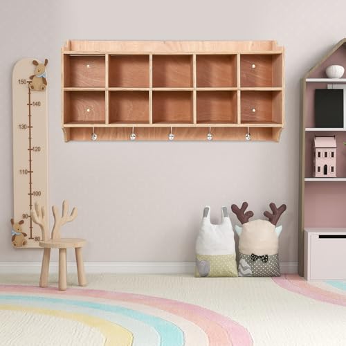 FinerFurnis Hanging Coat Locker with 10 Cubby Storage Organizer Cubes, Daycare Shelves with Hooks and Shelf, Durable Furniture for Kids Toys and Classroom, Natural Wood Finish