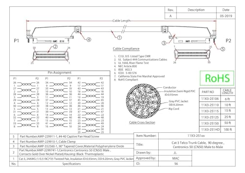 CableWholesale 50 Feet Cat 3 Telco Trunk Cable, Centronics 50 (CN50) Male to Male, 25 Twisted Pairs, 24 AWG 90 Degree Orientation, CN50 Male Cable, Gray