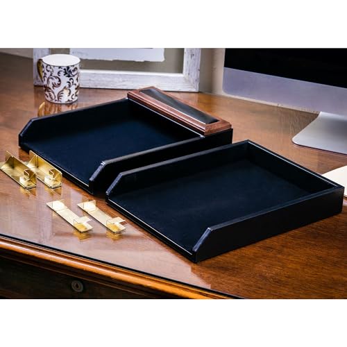 Dacasso Walnut & Black Leather Double Letter Tray Set w/Gold Stacking Posts - Luxury Executive Decor and Office Essential - Desk Surface Protector