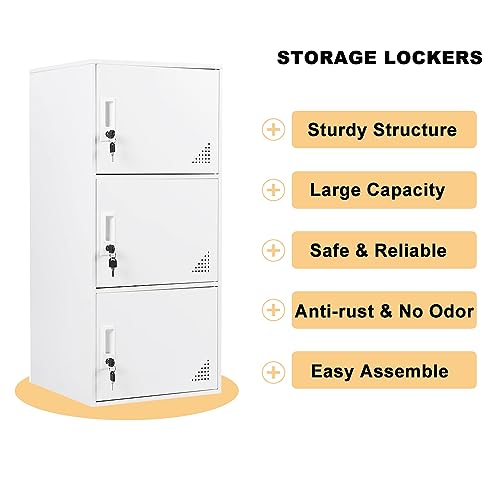 iCHENGGD 3 Door Metal Locker Steel Storage Cabinet, Office Storage Lockers for Employees, Vertical Metal Cabinets for Home,Office,School,Room Storage Organizer (White)