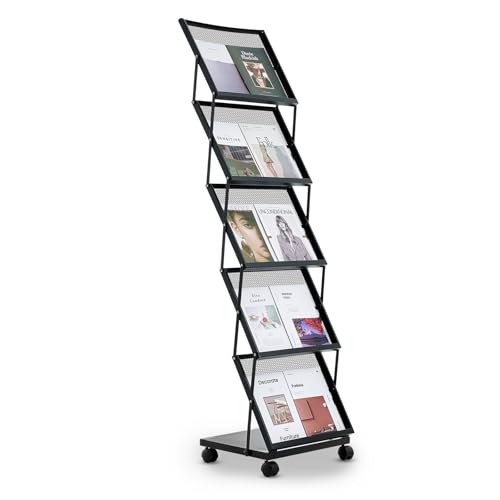 VEVOR Brochure Display Rack, Foldable 5 Pockets Magazine Literature Display Stand, Movable Floor Standing Magazine Rack with Wheels, Metal Newspaper Catalog Holders for Shop Exhibitions Office Show