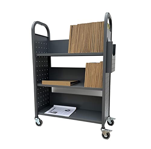 Workington Rolling Book Truck Book Cart with 3 Flat Shelves, Library Book Cart with Swivel Lockable Casters 3001 Gray