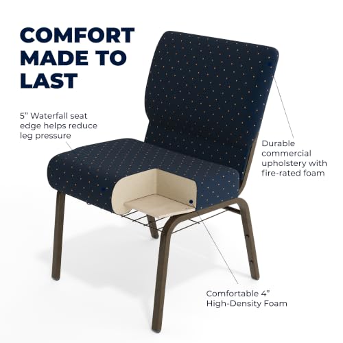 Flash Furniture HERCULES Series 21''W Church Chair in Navy Blue Dot Patterned Fabric with Book Rack - Gold Vein Frame