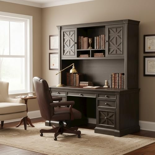 Starlight Wood Hutch with Doors, Fully Assembled, 2 Wood Doors, Center Open Storage, 2 Adjustable Shelves, Antique Hardware, Brown