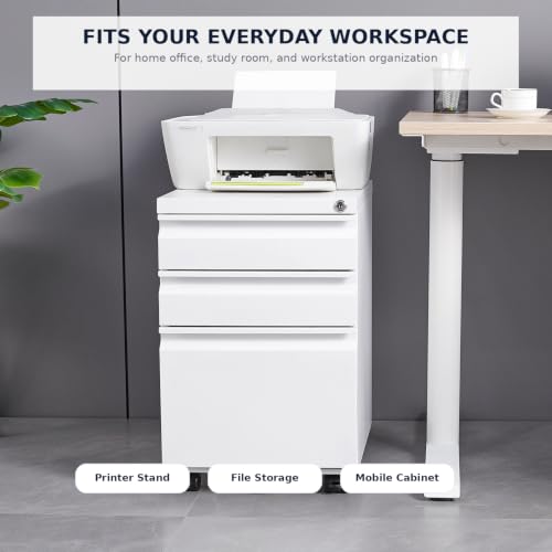 TERRUPEX 3 Drawer File Cabinet with Lock, 5 Wheels, Black Steel (White)