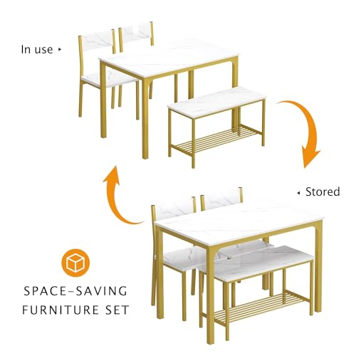 SDHYL Dining Table Set,Two Chairs and One Bench 4 Pieces Set Wooden Table Top with Metal Legs for Breakfast in Living Room, Kitchen Room, Dining Room,Space Saving Kitchen Table Set,Rustic Brown