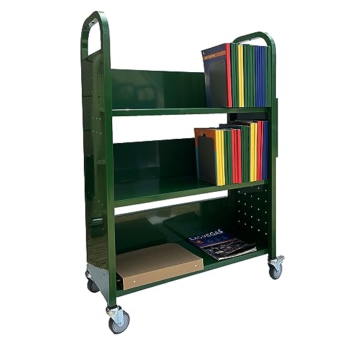 Workington Rolling Book Truck Book Cart with 3 Flat Shelves, Library Book Cart with Swivel Lockable Casters 3001 Green