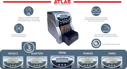 ATLAS Automatic Coin Counter and Coin Sorter with Digital Display (AC-150D) - 5 Coin Counting Modes: Total, Pennies, Nickels, Dimes, Quarters. Auto-Stop When Coin Roller is Full.