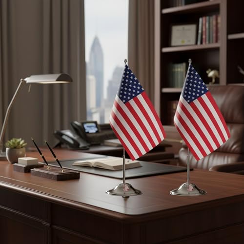10-Pack USA Desk Flags - 6x9 Satin, Chrome Pole & Base, Office