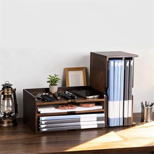 Display Storage Shelves Desktop Four-Tier Bookshelf Wooden Retro Filing Storage Rack for Office Home Freestanding