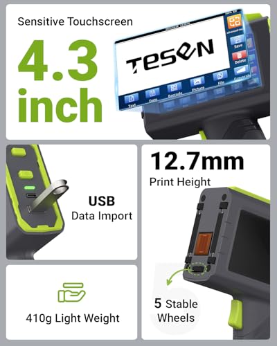 TESEN New Upgrade Handheld Inkjet Printer with 1/2 Inch (12.7mm) Printhead for Date Time Logo Batch Number QR Code Quick Drying Printing on Plastic Wood Carboard Metal Glass and More (Green)