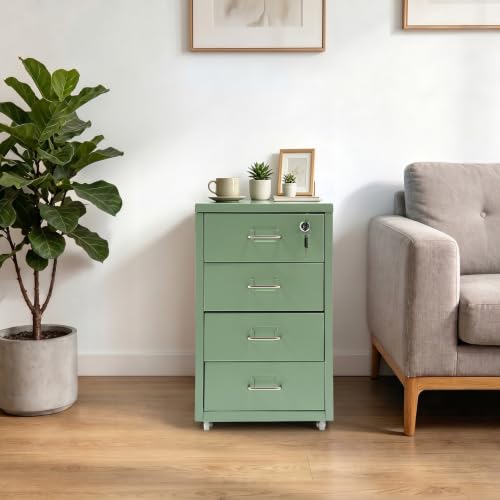 Florchest 4-Drawer Metal Mobile Rolling File Cabinet with Lock(Cream Green)