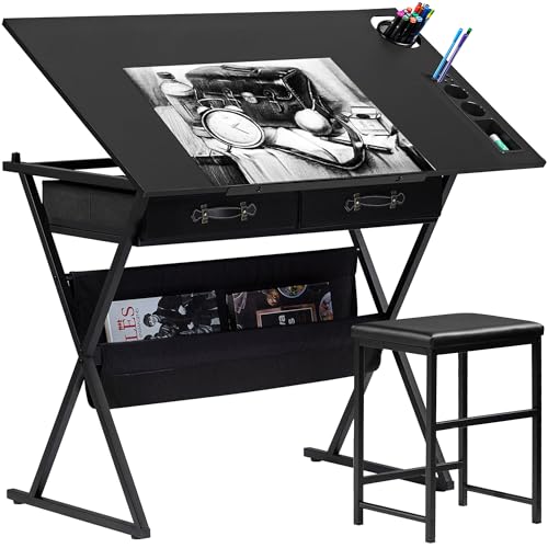 VECELO Drafting Table Art Desk Art Table Adjustable Drawing Table Tilted Tabletop with 2 Storage Drawers and Stool, Drawing Desk for Artist Painters Drawing, Crafting, Reading, Writing, Black