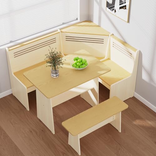 KYLE & KAY Breakfast Nook, Kitchen Nook Corner Table Set with USB, Bench and Storage Shelf, Dining Room Table and Chairs for 4-6, Solid Wood (White and Natural)
