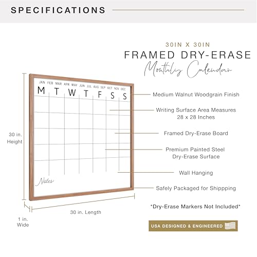MCS Dry Erase Calander Walnut Framed Monthly Calendar, 30x30, Events & More