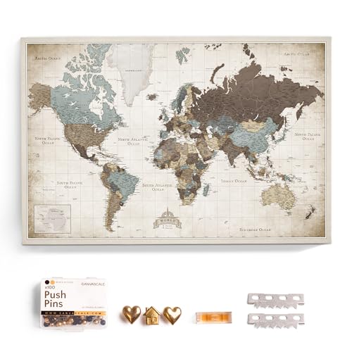 Canvas World Map with Cork Pin Board - English Lettering - Decorative Wall Decoration for All Rooms - Canvas Pictures with World Map Motif (70x50 cm, Pattern 25)
