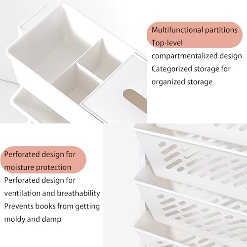 JS Ellie Movable White Bookshelf, Narrow Book cart with Wheels and Storage Baskets, Suitable for Studies, bedrooms, Living Rooms, and Offices 5-Tier