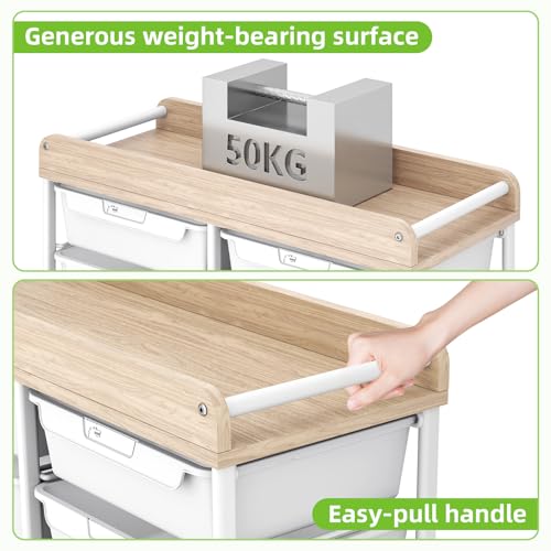 10 Drawers Rolling Cart with Wooden Tabletop, Utility Storage Cart with Wheels, Art Supply Craft Organizer on Wheel with Metal Frame & Handles for Home Office School (Pure White)
