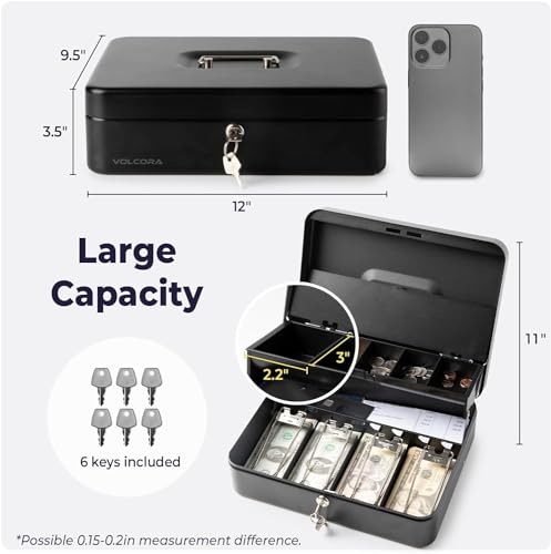 Volcora Large Cash Box with Key Lock, Metal Money Box for Cash, Portable Locking Safe Box with Money Tray, Durable Money Saving Organizer for Yard Sale, Garage Sale, Small Business, Black
