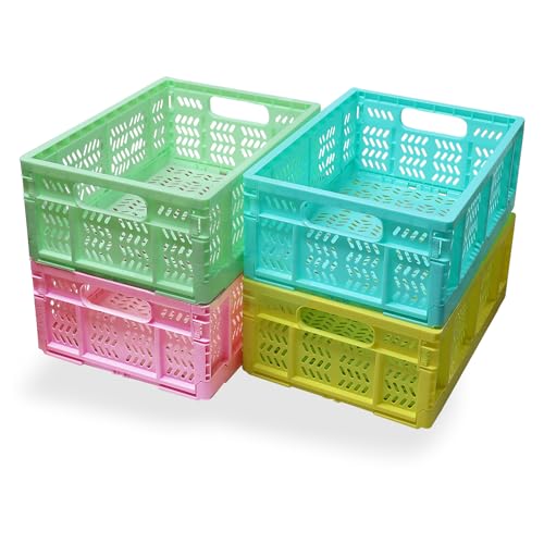 PTEREIW 20L Folding Crate, 4Pack Plastic Storage Baskets Organizer for Home and Office,Collapsible Storage Crates for Home Office and Outdoor Organizer. (Mix Colors)