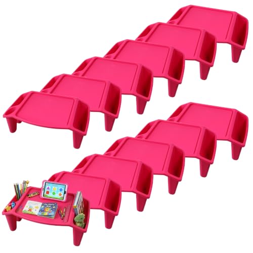 Basicwise Set of 12 Pink Activity Desk Tables with Built-In Cup Holder and Storage Compartments, Multipurpose Lap Trays for Home Learning, Art Activities, Snack Time, Floor-Based Tasks, and Raised-Leg