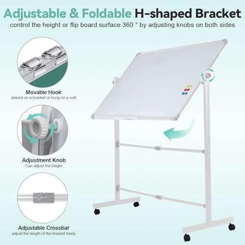 40x28 Inch Reversible Whiteboard Chalkboard on Wheels, Height Adjustable 2-in-1 Rolling Mobile Easel Board for Office Classroom Home Silver 70x100 cm