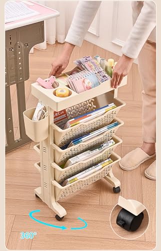 AVSMGP Mobile Bookshelf on Wheels 3/4/5 Tier Plastic Multilayer Desk Organizer Table Rolling Utility cart Wagon for Office, Dorm, Classroom,Library, Living Room,5 Tier
