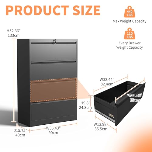 4 Drawer File Cabinet, Metal Office Cabinet with Lock, Black Lateral Filling Cabinets with Quiet Full-Extension Slides for Letter/Legal/F4/A4 Hanging Files, Assembly Required (4 Drawer, Black)