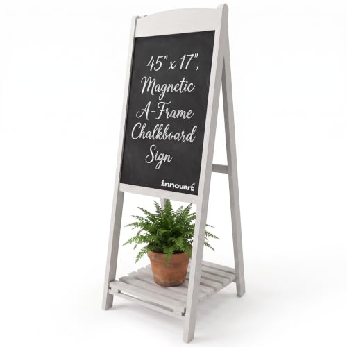 INNOVART Magnetic A-Frame Chalkboard Sign, Sidewalk Sign 45" x 17" With Display Shelf, Free Standing Easel for Restaurant, Business, Wedding or Events, White