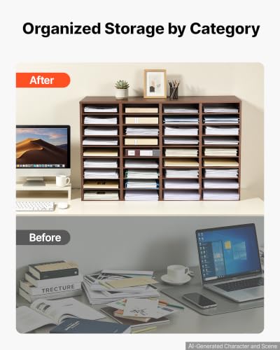 VEVOR Wood Literature Organizer 36 Compartments Office Mailboxes Brown | Countertop Literature Sorter for Files Documents Papers, with Adjustable Shelves, for Office, Home, Classroom Organization