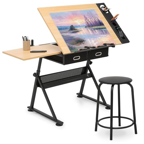 MIRAMINGLE Adjustable Tabletop Drafting Table Set, Height & Angle Adjustments (28"-36", 0°-65°), Durable Alloy Steel Frame, Drawing Table with 2 Drawers and Stool for Artists & Designers