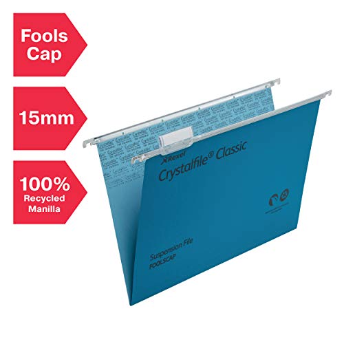 Rexel Foolscap Suspension Files with Tabs and Inserts for Filing Cabinets, 15 mm V Base, 100 Percent Recycled Manilla, Blue, Crystalfile Classic, Pack of 50, 78143