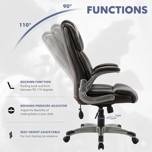 Ergonomic High Back Executive Office Chair with Adjustable Lumbar Support, Leather Office Chair with Flip-up Armrests, Swivel Computer Task Chair for Home Office Workstation, Brown,Set of 2