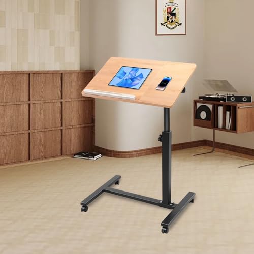 fufieae Overbed Table with Wheels, Adjustable Height 22.8-35.4in (58-90cm) & Tilting Top, Mobile Laptop and Bedside Desk for Home, Bed, Sofa, Includes 4 Locking Casters (Black/Wood)