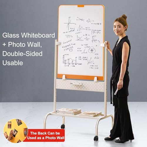 TRUNXUCL Standing Whiteboard Rolling Dry Erase Board on Wheels Magnetic White Board, Adjustable Height(Orange,80x120cm/31.5x47in)