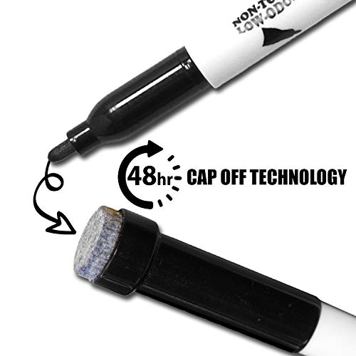 KleenSlate (48) Black Low Odor Dry Erase Marker with Eraser, Bonus 4 Adhesive Clips and 2 Microfiber Cleaning Cloths