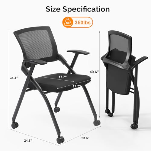 wenyuyu 2 Pack Conference Room Chairs with Wheels, Folding Office Desk Chair with Lumbar Support and Armrest with Casters, Stackable Office Guest Chairs & Reception Chairs, Black
