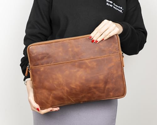 VENOULT Genuine Leather Laptop & Tablet Sleeve – Slim Design, Fits Devices up to 12" - 16" – Customizable Design, Soft Suede Lining, Lightweight Case for (Dark Brown, up to 16" Devices)