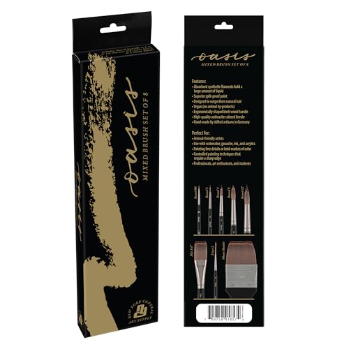 New York Central Oasis Synthetic Brush - Assorted Set of 8 - Handmade in Germany, Professional Watercolor Brushes with Ergonomic Handle, Soft, Absorbent Bristles for Artists