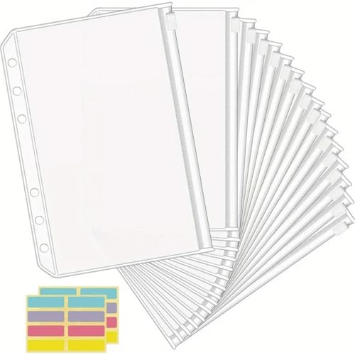 File Folder 12Pcs Clear PVC Zippered Binder Pocket, A5/A6 Size