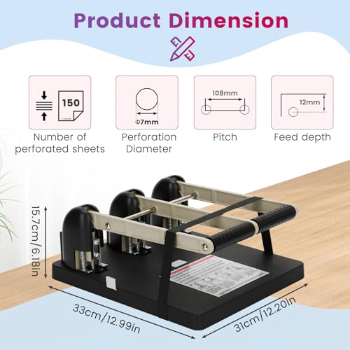 Heavy Duty 3 Hole Punch, Labor-Saving Handle, Punches up to 150 Sheets of Paper for Schools, Print Stores and Corporations, for Binders with Ergonomic