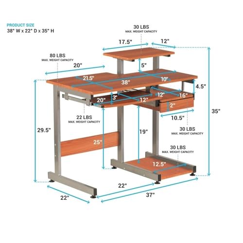 Pemberly Row Contemporary Wood/Steel Computer Desk, 38" W x 22" D x 30" H, Mahogany Finish, MDF and Steel Construction, Pull-Out Keyboard Tray, Printer and Scanner Shelves, Home Office Desk