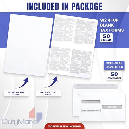W2 Forms 2026 with Envelopes, Blank W2 4 Up Tax Forms 2026, 50 Employees kit, with Instructions in Back, Compatible with QuickBooks and Accounting Software, Idea for E-Filing, 50 Self Seal Envelopes