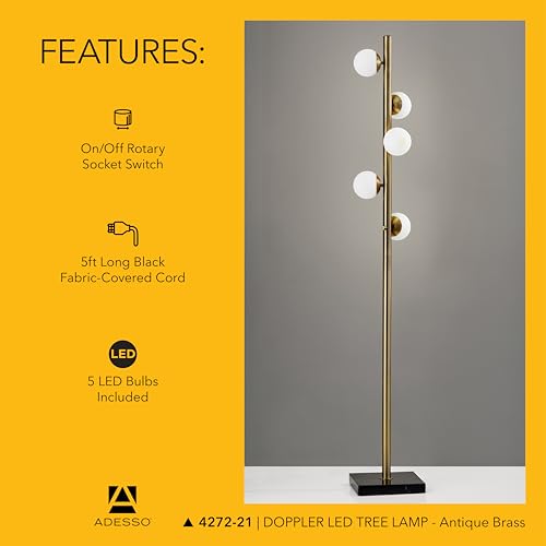 Adesso Antique Brass LED Floor Lamp with White Opal Shades - Modern Multi-Light Tree Lamp for Bedroom, Living Room, or Home Office, 3W Bulbs Included, 65” Tall