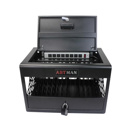 16 Bay Charging Storage Cabinet for Laptop, Chromebook, Locking Charging Station, Fits 14'' Screensize and 1.2'' Thick Tablets, Lock Box with Cable Management, Suitable for School Office, Black