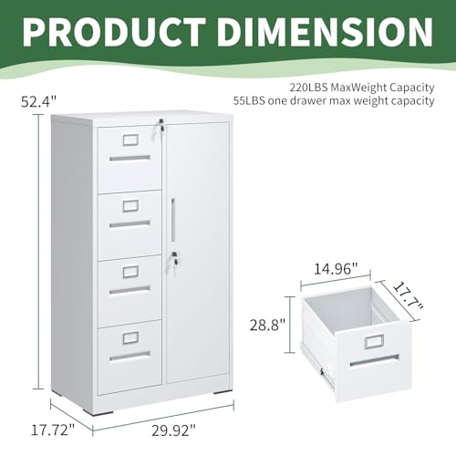 VIYET File Cabinet 4 Drawer, Vertical File Cabinet with Lock and 1 Door, File Cabinet with Storage Shelves for A4 Legal/Letter, Assembly Required (White)