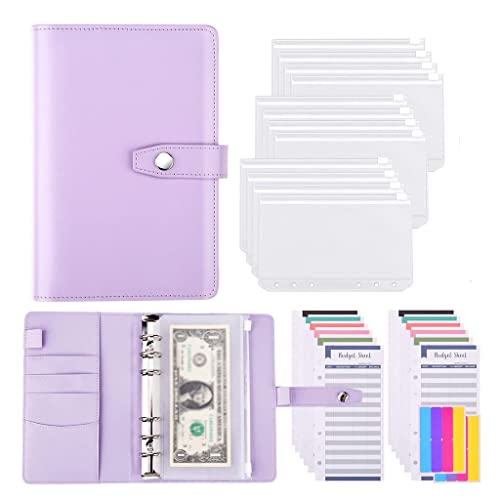 ONMYJFD A6 PU Leather Budget Binder Cash Envelopes Organizer with 12 Pcs Binder Pockets,Budget Sheets,Sticker Sheets for Money Saving(E)