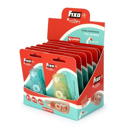 Fixo Roller - 12 Pack Correction Tape with Cap 6m x 5mm Front Application Suitable for Left Handed Users Allows Instant Writing Perfect School and Office Supplies for Correcting Errors